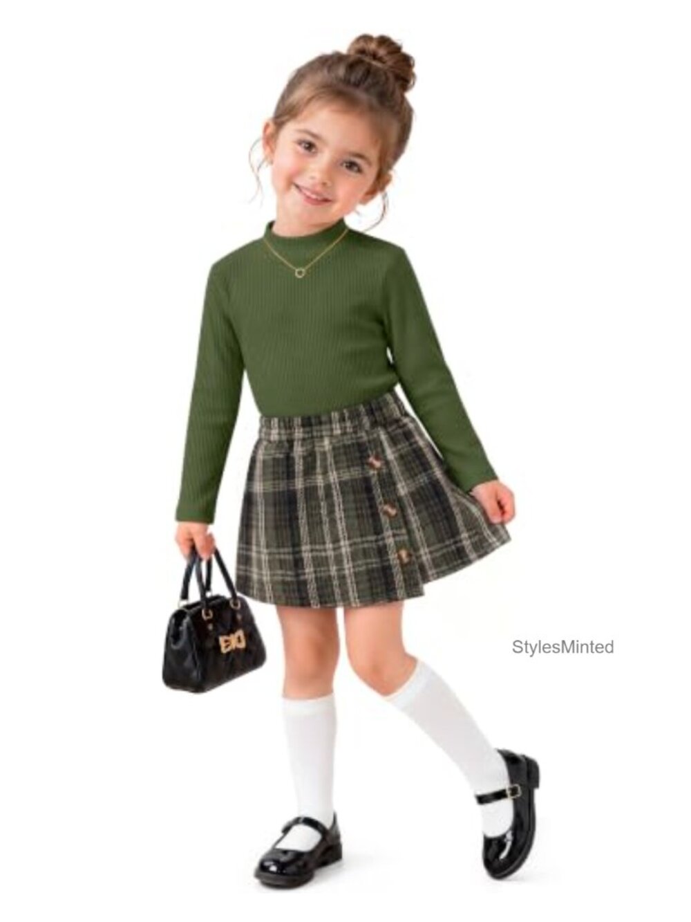 Toddler Baby Girl Ribbed Long Sleeve Top Plaid Skirt Set
